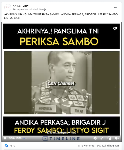 [Cek Fakta] Video Panglima TNI Jenderal Andika Perkasa Ikut Periksa Ferdy Sambo? Cek Faktanya