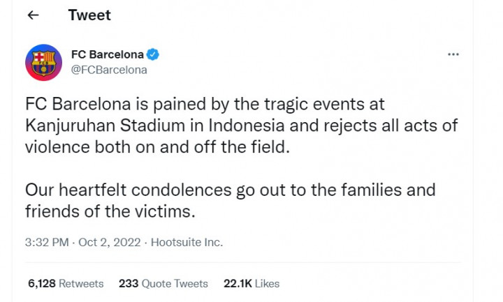 Twitter MU, Arsenal, hingga FC Barcelona Ucapkan Belasungkawa Tragedi Stadion Kanjuruhan