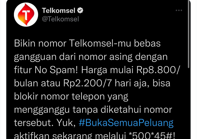 Dikritik Netizen, Telkomsel Tutup Fitur No Spam Berbayar