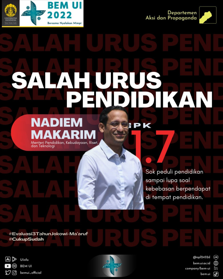 Rapor 3 Tahun Pemerintahan Jokowi-Maruf dari BEM UI: IPK Nadiem Nasakom, Cuma Dapat 1,7