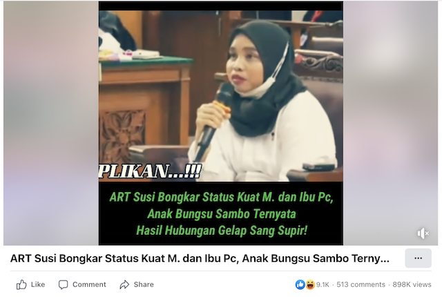 [Cek Fakta] Susi Sebut Anak Bungsu Ferdy Sambo Hasil Hubungan Gelap Putri dan Kuat Maruf? Begini Faktanya