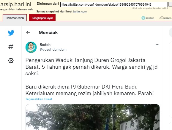 [Cek Fakta] Benarkah Waduk Tanjung Duren Grogol sudah 5 Tahun tak Pernah Dikeruk? Ini Faktanya