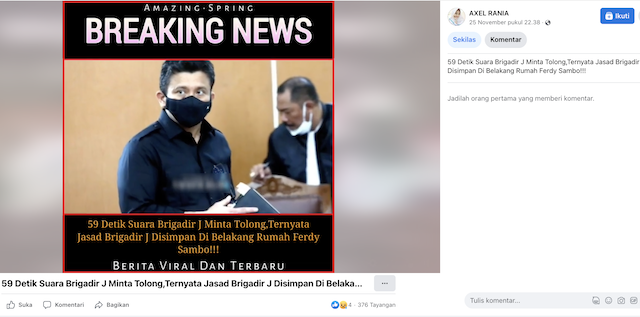 Tangkapan layar pemberitaan palsu di media sosial. Foto: Facebook
