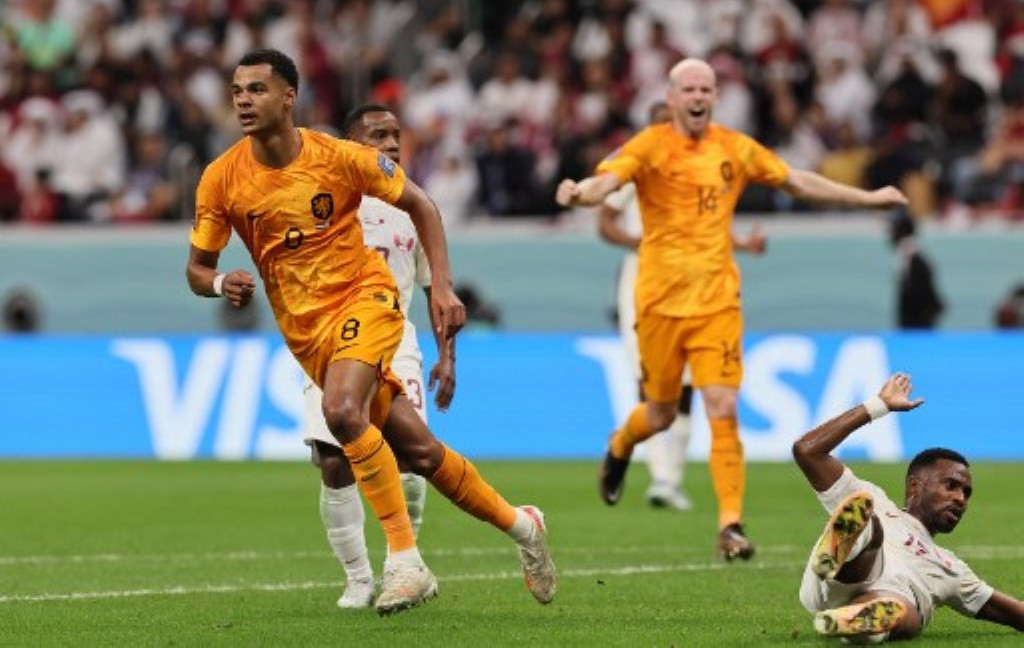 Selebrasi winger Belanda Cody Gakpo (kiri) usai membobol Qatar. (Foto: AFP/Karim Jaafar)