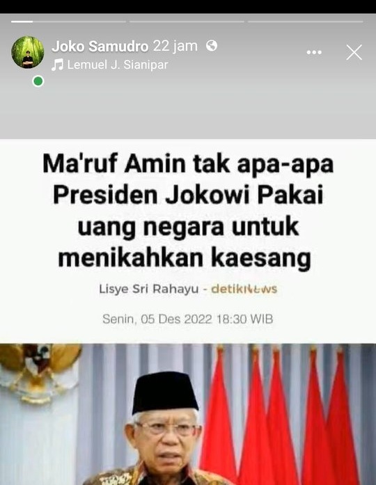 [Cek Fakta] Ma'ruf Amin Sebut tak Apa-apa Jokowi Pakai Uang Negara untuk Menikahkan Kaesang? Ini Faktanya