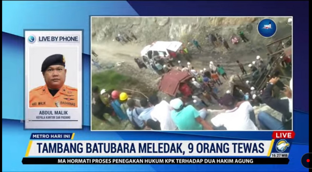 Kepala Kantor SAR Padang, Abdul Malik, memberikan keterangan terkait ledakan tambang batu bara di Desa Salah, Kecamatan Talawi, Sawah Lunto, Sumatra Barat. Dokumentasi/ MetroTV