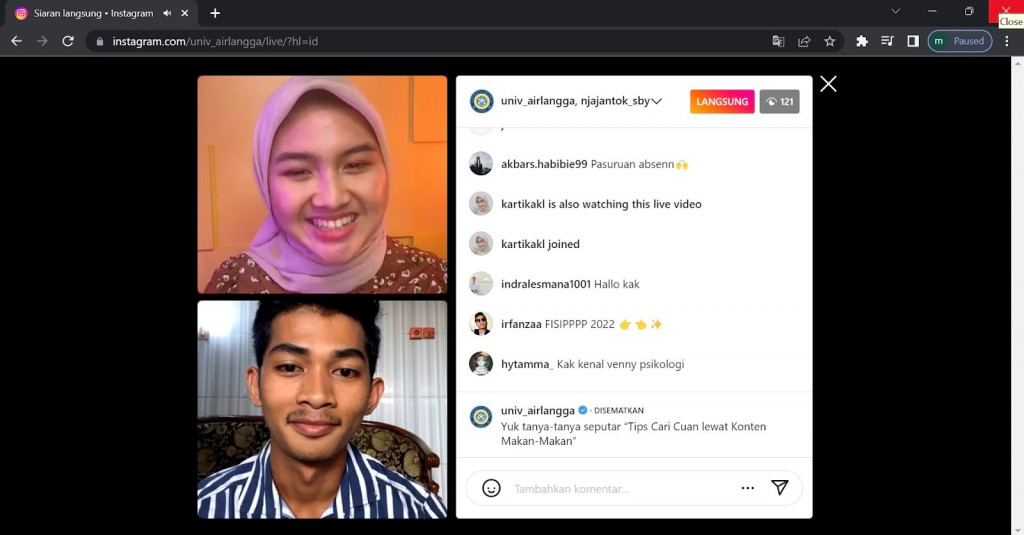 Mahasiswa Unair pemilik Instagram @njajantok_sby. DOK Unair