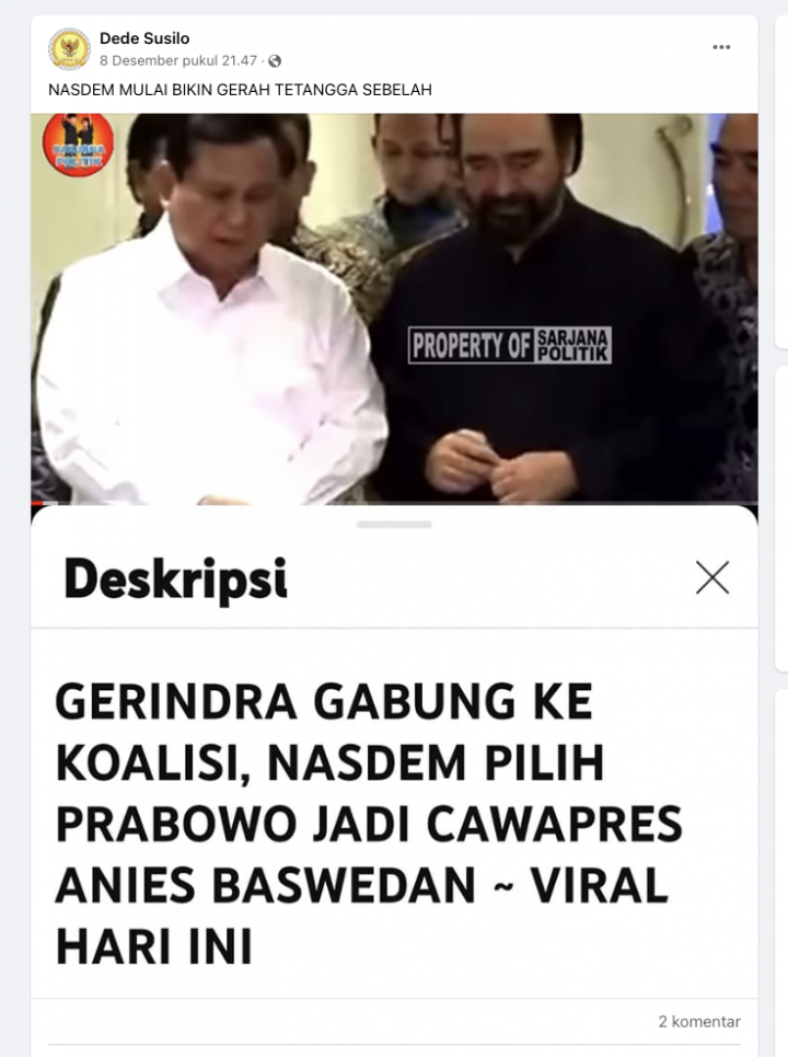 [Cek Fakta] Prabowo Resmi Menjadi Cawapres Mendampingi Anies Baswedan? Begini Faktanya