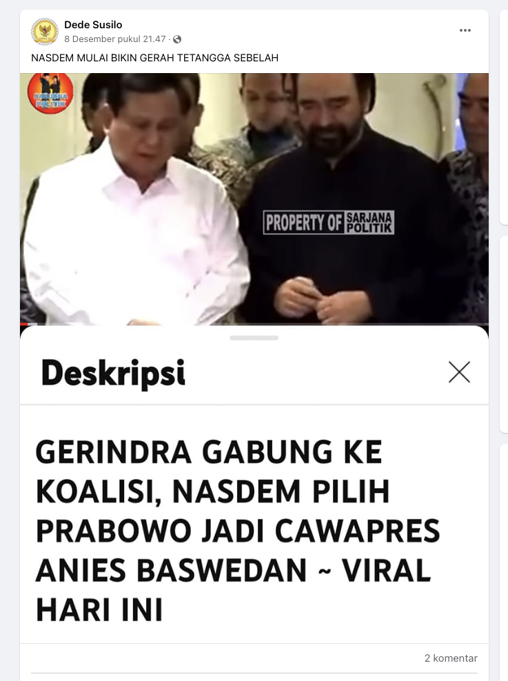 Tangkapan layar pemberitaan palsu di media sosial. Foto: Facebook
