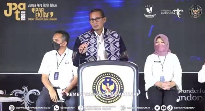 Menparekraf Sandiaga Uno saat Jumpa Pers Akhir Tahun (Foto: Aulia/Medcom)