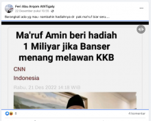 [Cek Fakta] Ma'ruf Amin Janji akan Beri Rp1 Miliar untuk Banser Jika Bisa Kalahkan KBB? Cek Faktanya
