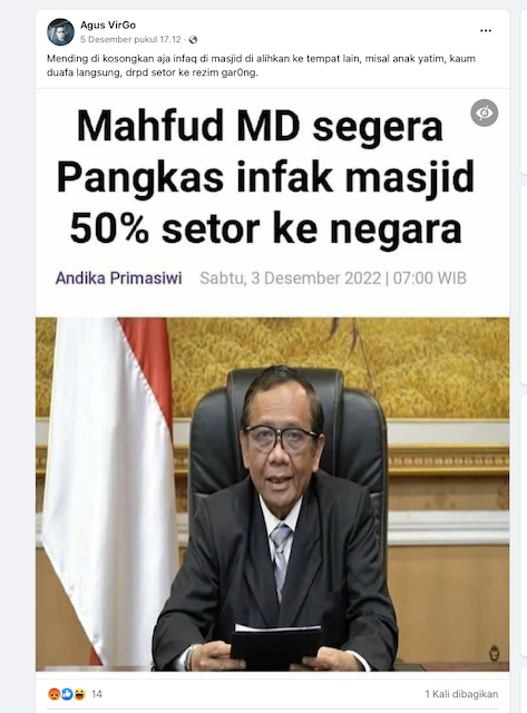 [Cek Fakta] Benarkah Mahfud MD Segera Pangkas Infak Masjid 50 Persen untuk Disetor ke Negara? Cek Faktanya