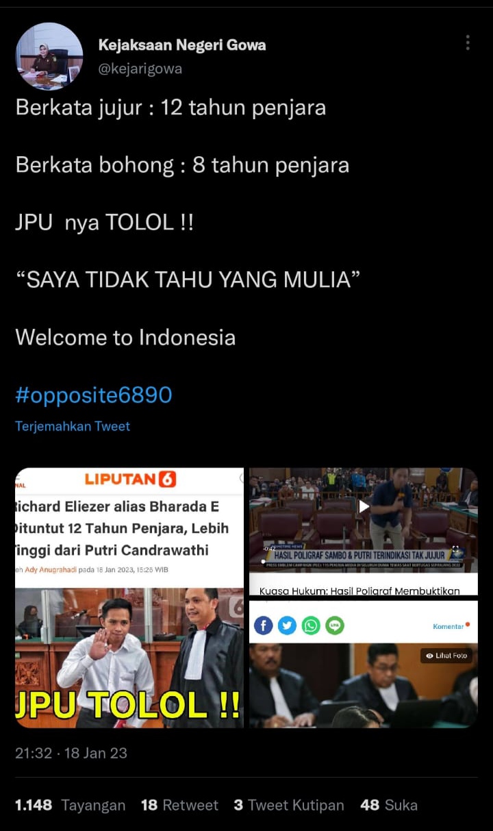 Akun Kejari Gowa Diretas, Kritik Tuntutan Sidang Sambo