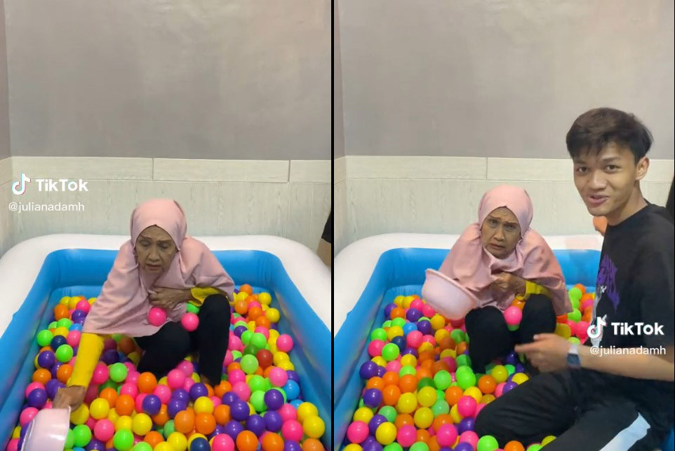 Kocak! TikTokers Ini Parodikan Mandi Lumpur Jadi Mandi Bola, Ekspresi Neneknya Juara