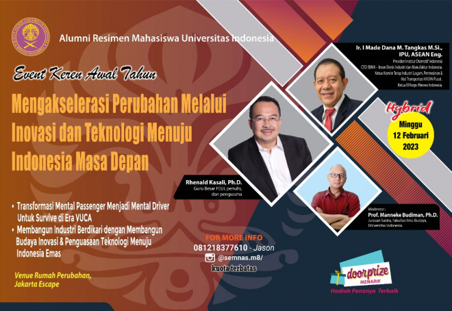 Iluni Menwa UI menggandeng pembicara yang merupakan pakar marketing sekaligus Guru Besar Fakultas Ekonomi Universitas Indonesia, Prof. Rhenald Kasali, Ph.D (Foto:Dok)