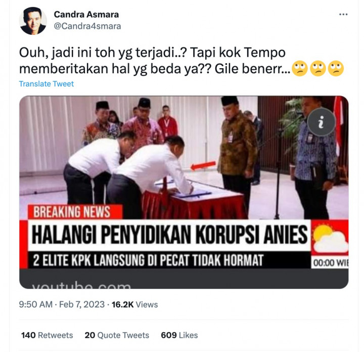 [Cek Fakta] 2 Petinggi KPK Dipecat karena Halangi Penyidikan Korupsi Anies? Ini Faktanya
