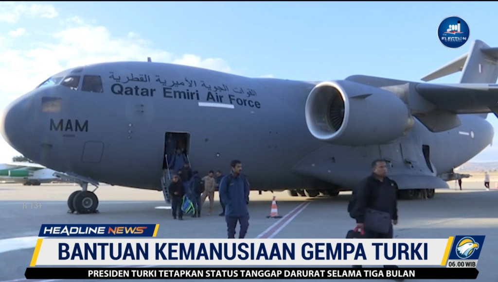 Pesawat kargo militer ?Qatar membawa rumah sakit lapangan, tenda, makanan, selimut, serta peralatan logistik lain.