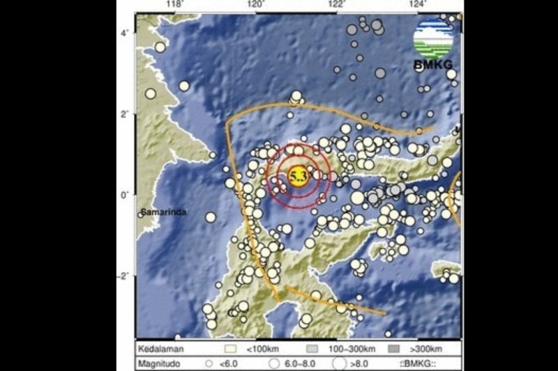Tangkapan layar peta gempa di Sulawesi Tengah magnitudo 5,3 pukul 13.02 WIB, Selasa, 14 Februari 2023. Antara/HO-BMKG
