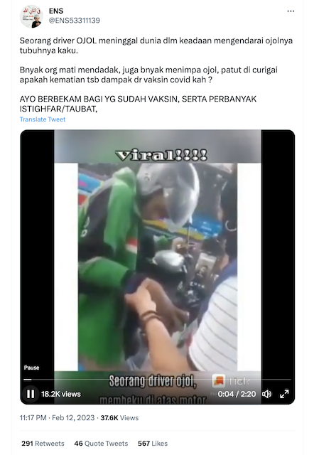 [Cek Fakta] Driver Ojol Meninggal Kaku saat Berkendara karena Vaksin Covid-19? Ini Faktanya