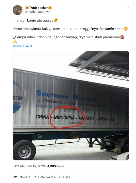 [Cek Fakta] Benarkah Nama Indonesia jadi Indochina di Truk Kontainer Ini? Simak Faktanya