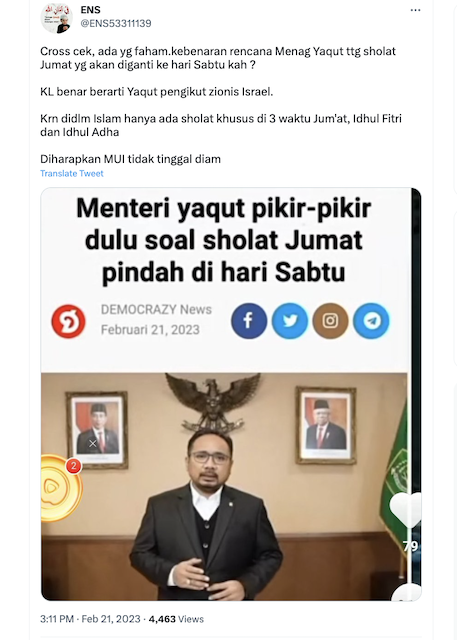 [Cek Fakta] Artikel Menteri Yaqut Rencanakan Salat Jumat Diganti ke Sabtu? Ini Faktanya