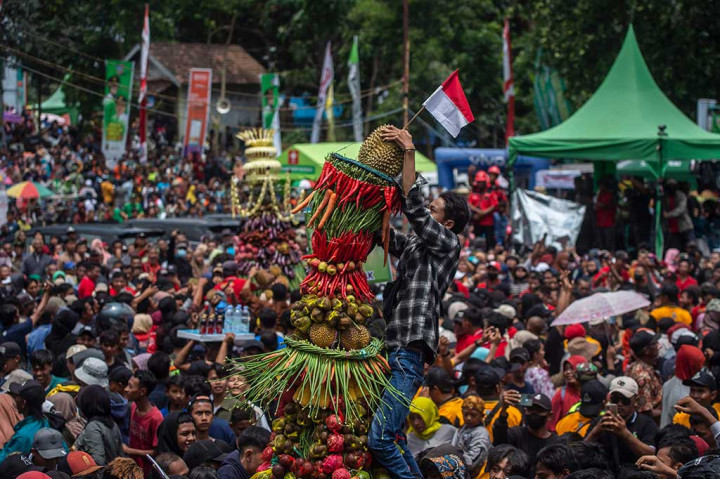 Potret Ribuan Warga Berebut Durian Gratis dalam 'Kenduren' di Jombang