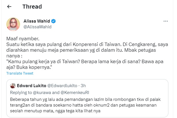 Tangkapan layar cuitan Alissa Wahid soal perlakuan petugas bea cukai. (foto: Twitter)