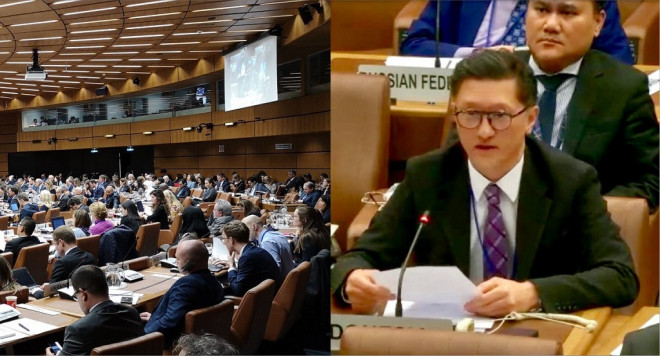 Kuasa Usaha Sementara KBRI Wina, A. Alfiano Tamala saat menghadiri pertemuan Sesi ke-62 Sub-Komite Hukum PBB Penggunaan Antariksa untuk Maksud Damai (LSC UNCOPUOS) di Wina, Austria, 23 Maret 2023. (Kemenlu RI)