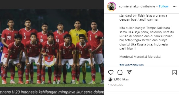 Piala Dunia U-20 Indonesia Batal, Connie: Kobarkan Semangat! Kita Bukan Bangsa Tempe