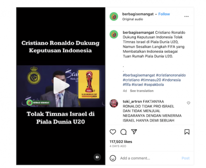 [Cek Fakta] Video Cristiano Ronaldo Dukung Indonesia Tolak Timnas Israel di Piala Dunia U-20? Ini Faktanya