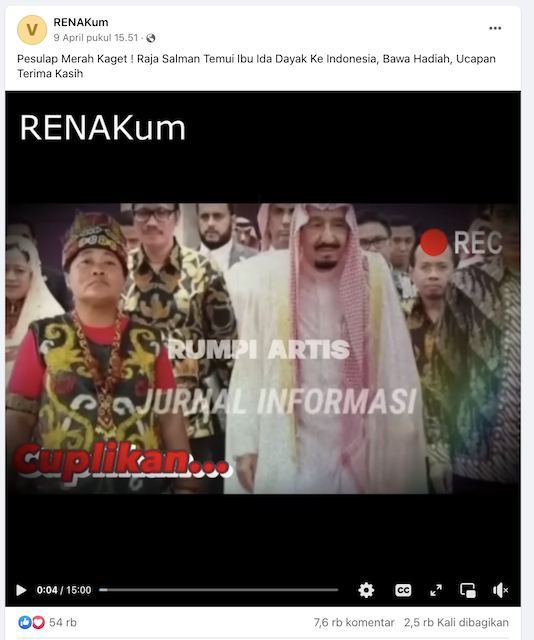 [Cek Fakta] Raja Salman Temui Ida Dayak, Beri Hadiah dan Ucapkan Terima Kasih? Cek Faktanya