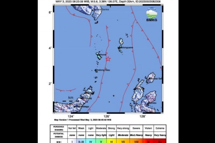 Pantai Timur Kepulauan Sangihe Diguncang Gempa Magnitudo 5,6
