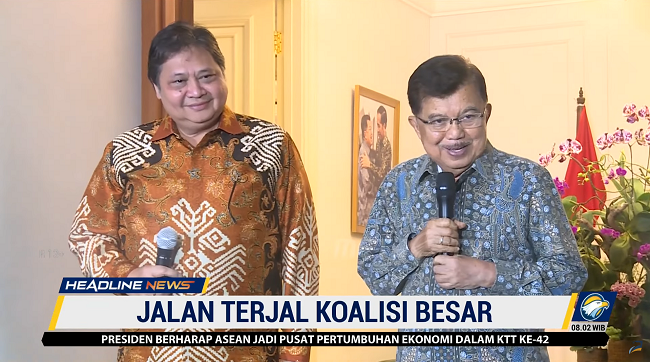 Ketum Partai Golkar Airlangga Hartarto dan Politikus Senior Golkar Jusuf Kalla. Foto: Dok/Screenshot Metro TV