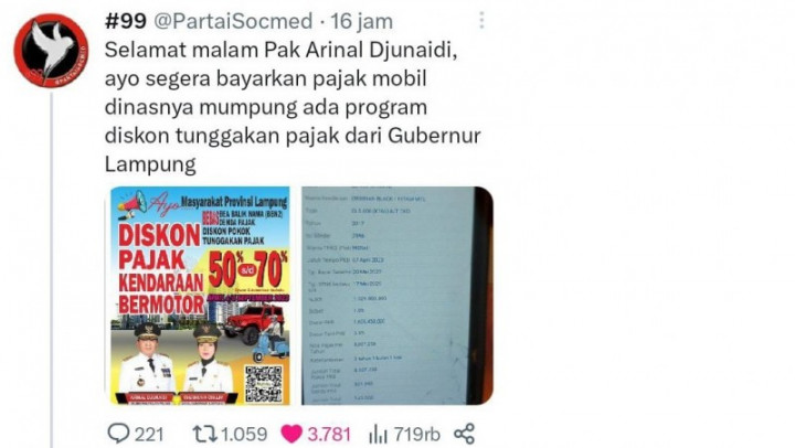 Viral, Mobil Dinas Gubernur Lampung dan Wakilnya Belum Bayar Pajak