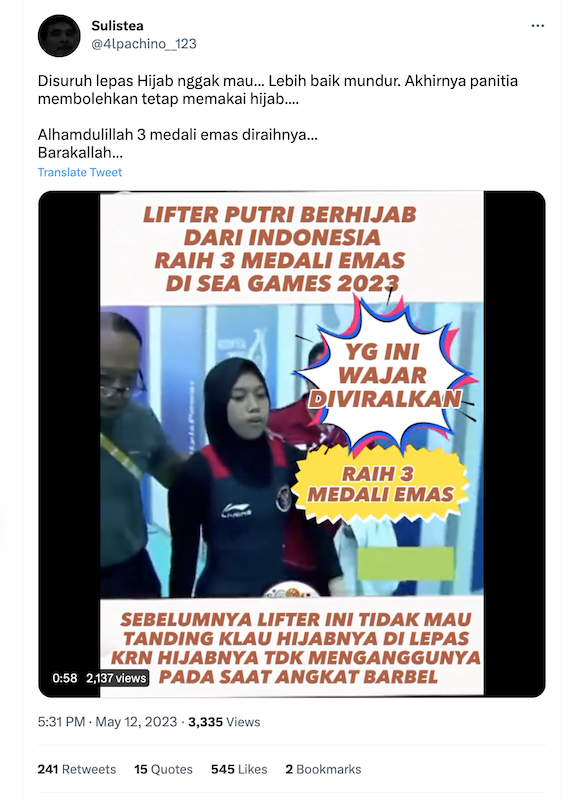 [Cek Fakta] Lifter Putri Indonesia Ini sempat Ngambek karena Dipaksa Lepas Hijab di Sea Games 2023? Simak Faktanya
