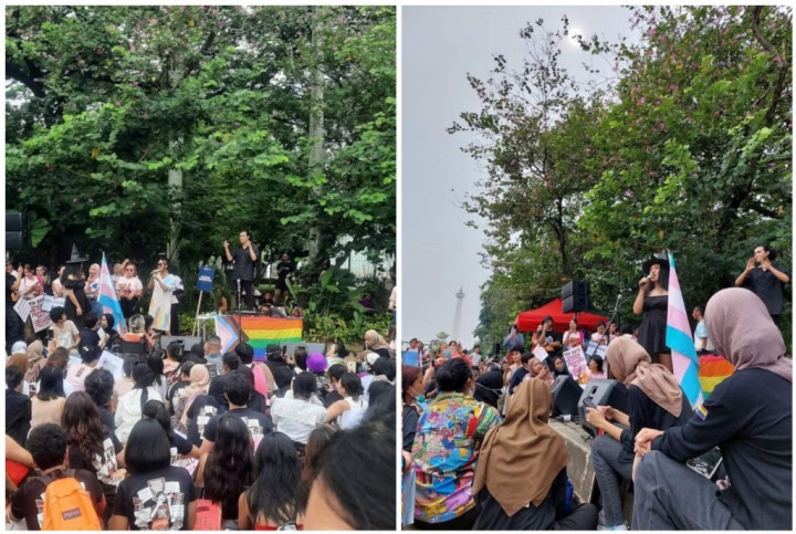 Netizen Heboh Bendera LGBT Berkibar di Monas, Ternyata Peringati <i>Women’s March</i> Jakarta 2023