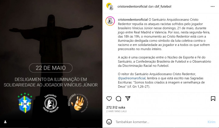 Beri Dukungan ke Vinicius Junior, Lampu Patung Christ The Redeemer Dimatikan Selama Satu Jam