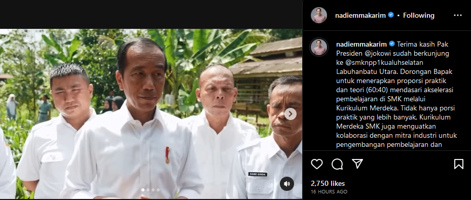 Presiden Joko Widodo saat berkunjung ke SMK Pertanian Pembangunan Negeri 1 Kualuh Selatan, Sumatera Utara. DOK IG @nadiemmakarim