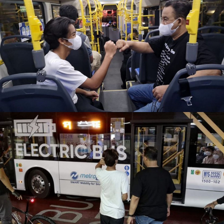 Anies Unggah Foto Naik Bus Listrik usai Kritik Kebijakan Subsidi Kendaraan Pribadi