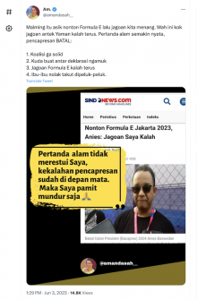 [Cek Fakta] Anies Baswedan Mundur dari Pencapresan usai Jagoannya Kalah di Formula E 2023? Ini Faktanya