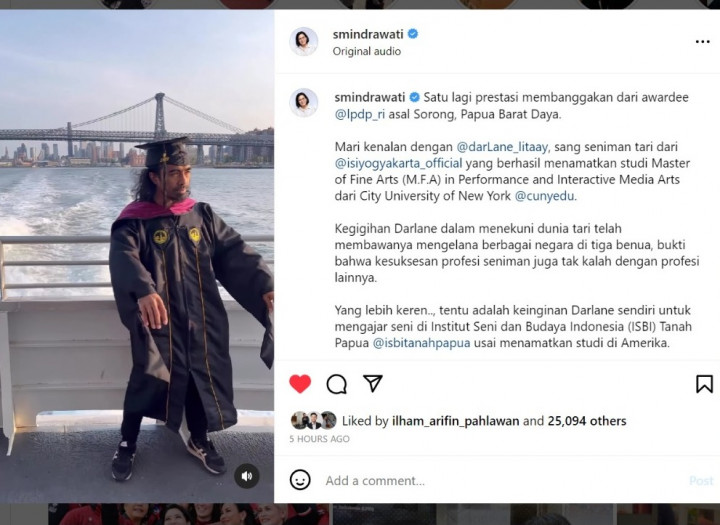 Seniman Tari <i>Awardee</i> LPDP Asal Sorong Lulus S2 di Amerika, Ini Kata Sri Mulyani