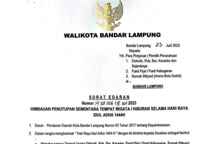 Pemkot Bandar Lampung Terbitkan Edaran Penutupan Sementara Hiburan Malam Selama Iduladha