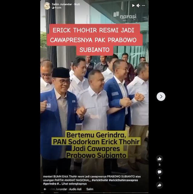 [Cek Fakta] Benarkah Erick Thohir Resmi Jadi Cawapres Prabowo Subianto? Ini Faktanya