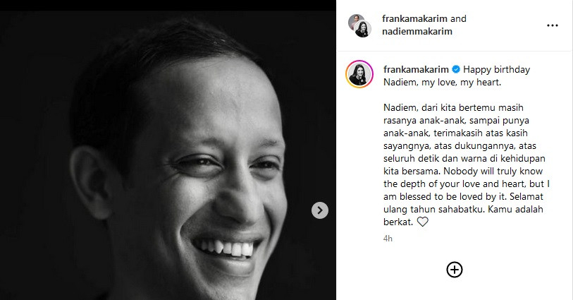 Mendikbudristek Nadiem Makarim mendapat ucapan selamat ulang tahun dari sang istri, Franka Makarim. DOK IG @frankamakarim