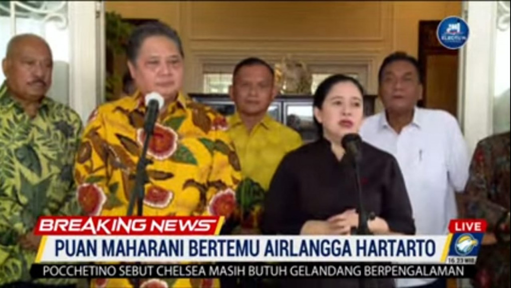 Ketua Umum Golkar Airlangga Hartarto bertemu Ketua DPP PDIP Puan Maharani. Foto: Metro TV.