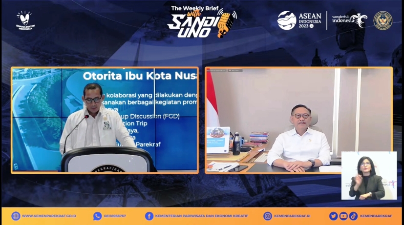 Menparekraf Sandiaga berkomunikasi via virtual dengan eputi Bidang Sosial dan Kebudayaan Otorita IKN, Alimuddin pada  The Weekly Brief Sandi Uno. Dok. Aulia/Medcom