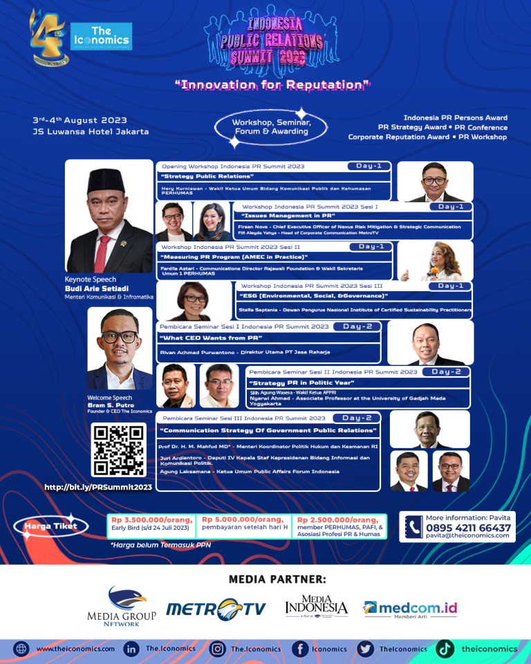 The Iconomics kembali menggelar 4th Indonesia Public Relations Summit 2023 yang mengangkat tema 'Innovation for Reputation' pada 3-4 Agustus 2023. (Foto: Dok. Ist)
