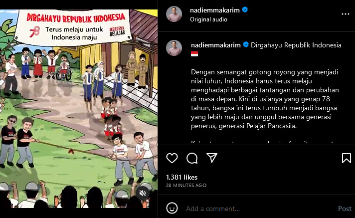 HUT Ke-78 RI, Nadiem Sebut Indonesia Lebih Maju dengan Generasi Pelajar Pancasila