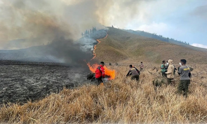 Kebakaran Gunung Bromo Dipadamkan dengan <i>Water Bombing</i>