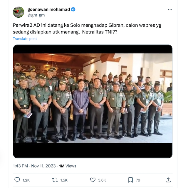 Goenawan Mohamad Sorot Perwira TNI AD Menghadap Gibran, Ini Kata Dispen